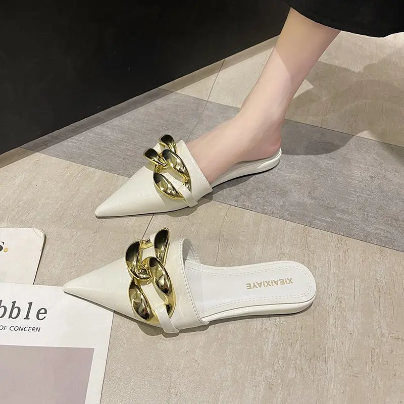 Aphixta 2021 Fashion New Big Chain Mules Women Slides Pointed Toe Ladies Shoes Summer Footwear Slippers