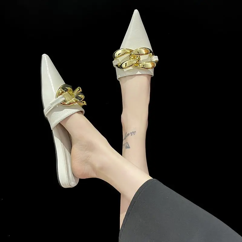 Aphixta 2021 Fashion New Big Chain Mules Women Slides Pointed Toe Ladies Shoes Summer Footwear Slippers