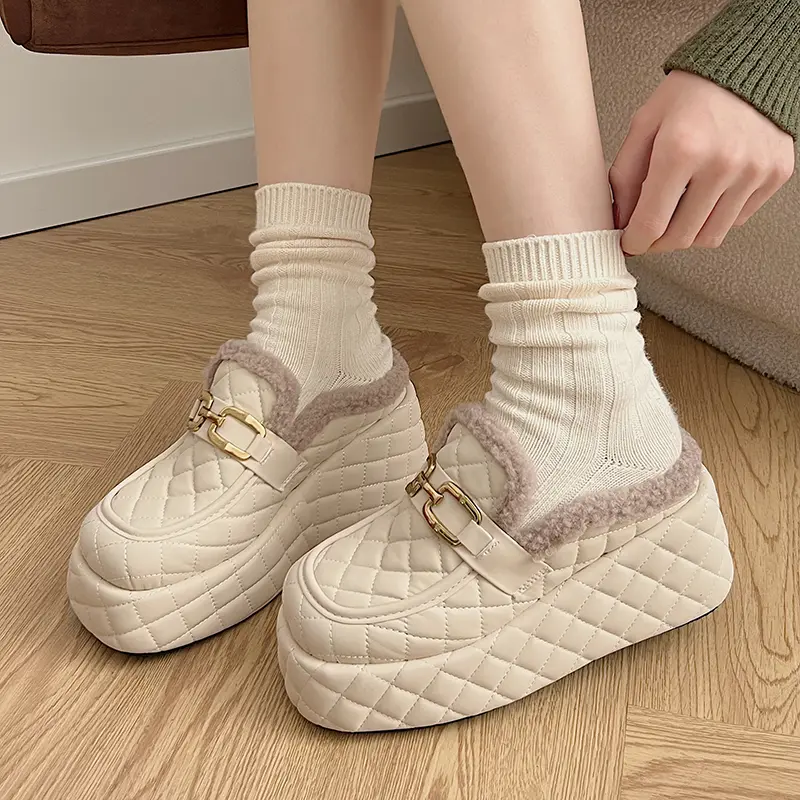 Aphixta 8cm Platform Metal Buckle Design Slippers Women Wedge Slides Women Shoes Checkered Furry Slides Slip On Winter Shoes