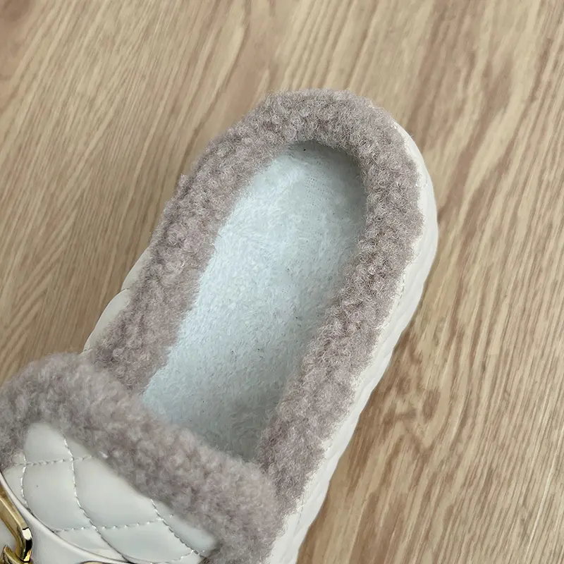 Aphixta 8cm Platform Metal Buckle Design Slippers Women Wedge Slides Women Shoes Checkered Furry Slides Slip On Winter Shoes