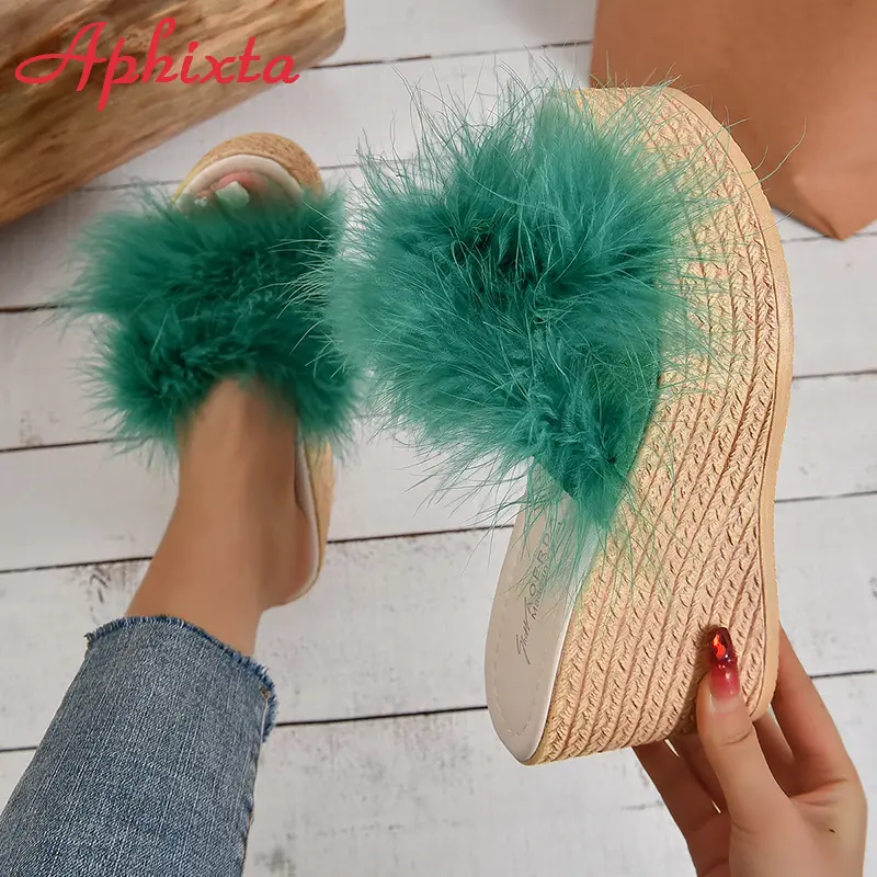 Aphixta Furry Green Wedge Platform Slides Women's Shoes 9cm Slippers Flip Flops Heels Shoes Beach Sandals Plus Size 43