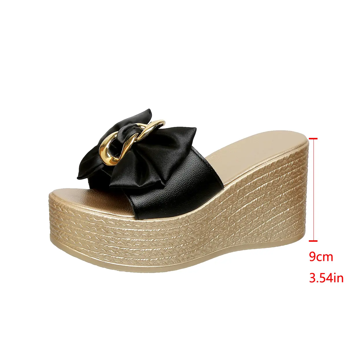 Aphixta Gold Sole 9cm Wedge Heels Slippers Bow Metal Decoration Mulers High Heels Platform Sandals Clog Shoe Slides Plus Size 43