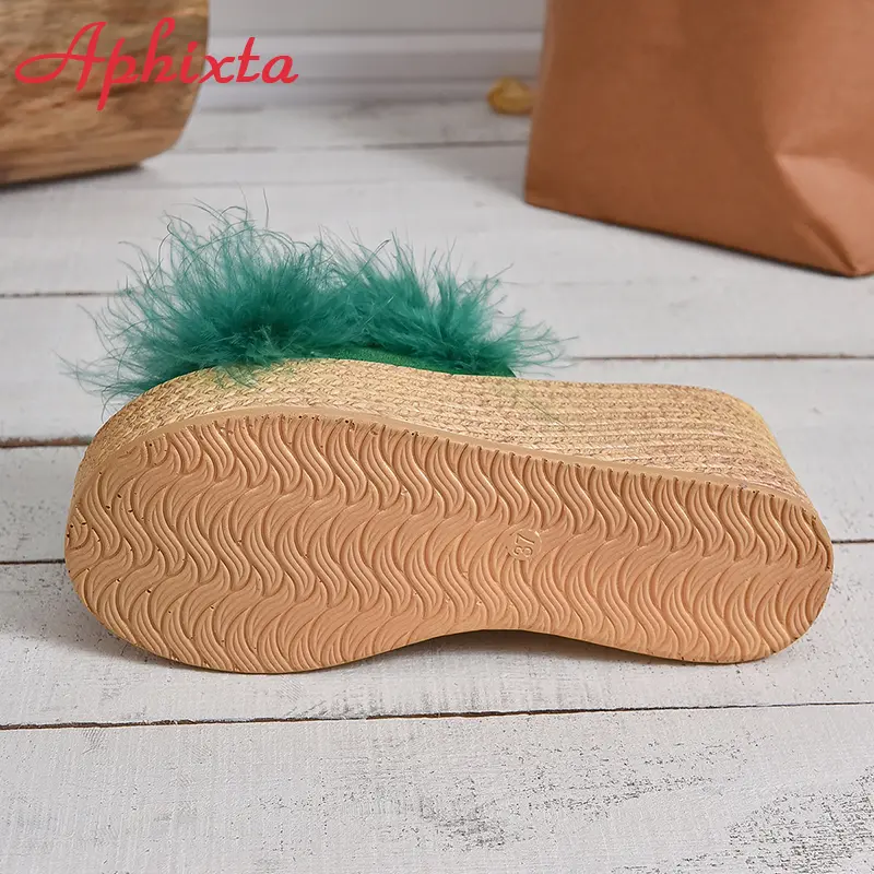 Aphixta Furry Green Wedge Platform Slides Women's Shoes 9cm Slippers Flip Flops Heels Shoes Beach Sandals Plus Size 43