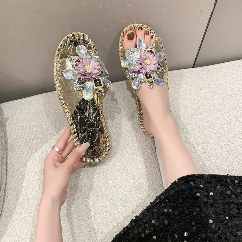 Aphixta Fashion Diamond Flower Decoration Flat With Slippers Casual Women Sweet Mulers Outside Summer Sandals Shoe Sewing Slide