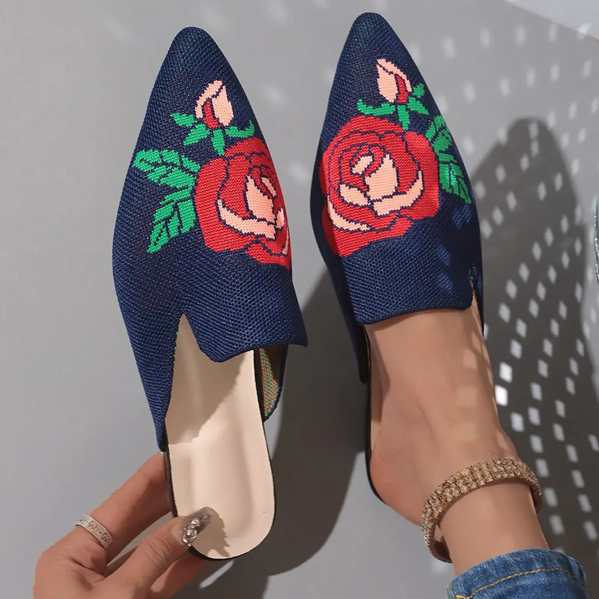 Aphixta Stretch Fabric Women Slippers Embrodier Flower Design Women Outside Shoes Pointed Toe Mules Summer Ladies Shoes Size 42