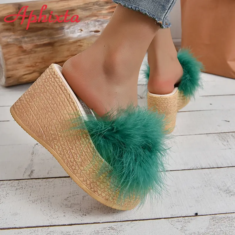 Aphixta Furry Green Wedge Platform Slides Women's Shoes 9cm Slippers Flip Flops Heels Shoes Beach Sandals Plus Size 43