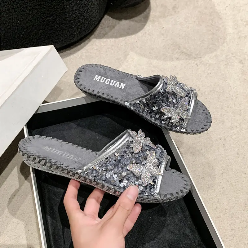 Aphixta Bling Butterfly Slippers Woman Shoes For Summer Outdoor Luxury Slides Gold Sequine Upper Sewing Slides chanclas de mujer