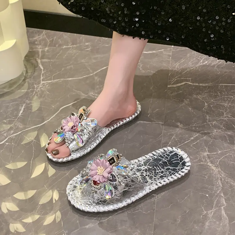 Aphixta Fashion Diamond Flower Decoration Flat With Slippers Casual Women Sweet Mulers Outside Summer Sandals Shoe Sewing Slide
