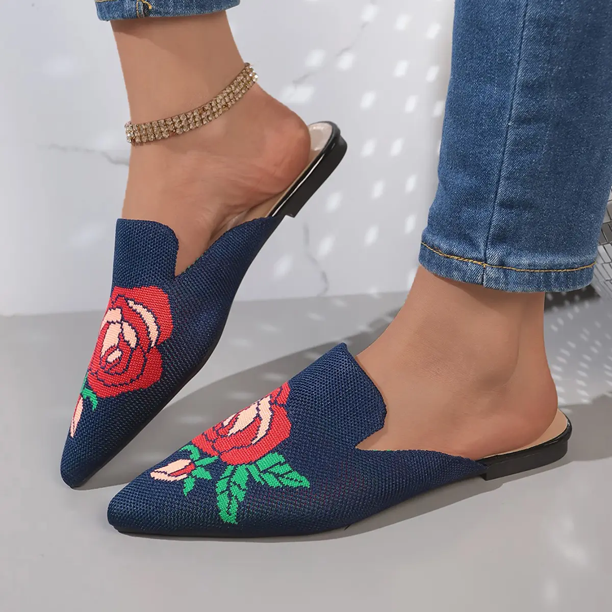 Aphixta Stretch Fabric Women Slippers Embrodier Flower Design Women Outside Shoes Pointed Toe Mules Summer Ladies Shoes Size 42