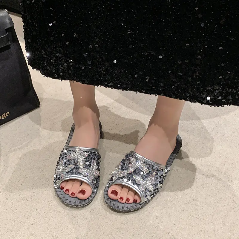 Aphixta Bling Butterfly Slippers Woman Shoes For Summer Outdoor Luxury Slides Gold Sequine Upper Sewing Slides chanclas de mujer
