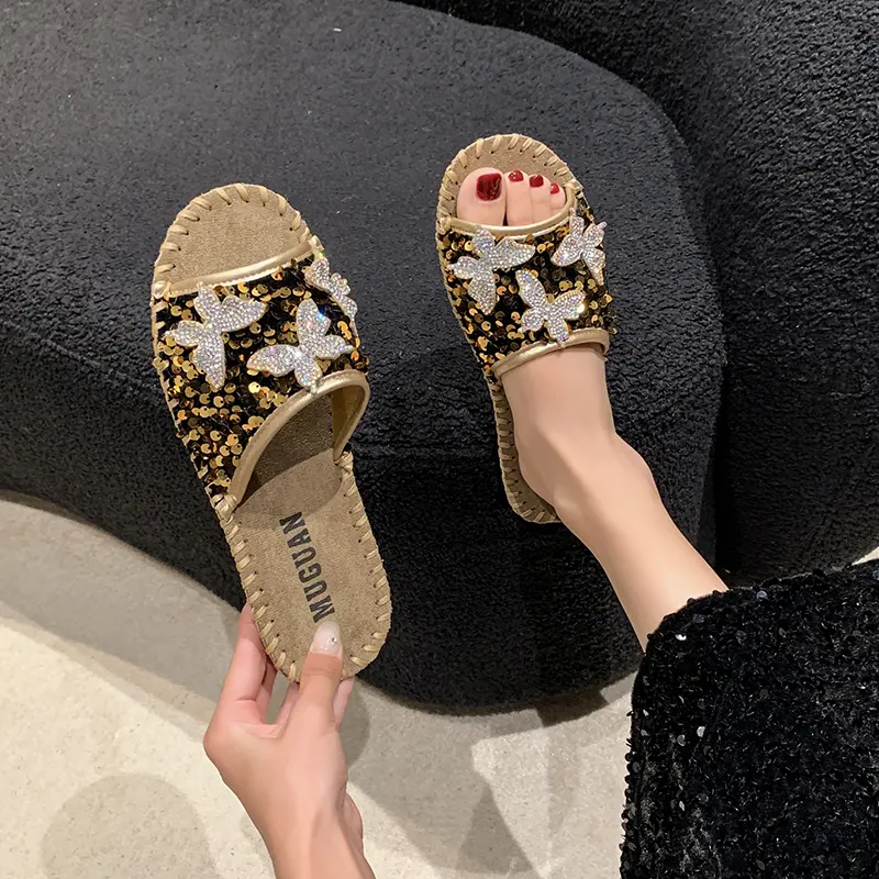 Aphixta Bling Butterfly Slippers Woman Shoes For Summer Outdoor Luxury Slides Gold Sequine Upper Sewing Slides chanclas de mujer
