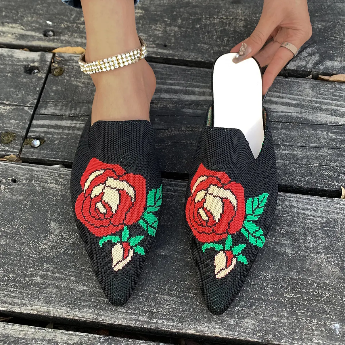 Aphixta Stretch Fabric Women Slippers Embrodier Flower Design Women Outside Shoes Pointed Toe Mules Summer Ladies Shoes Size 42