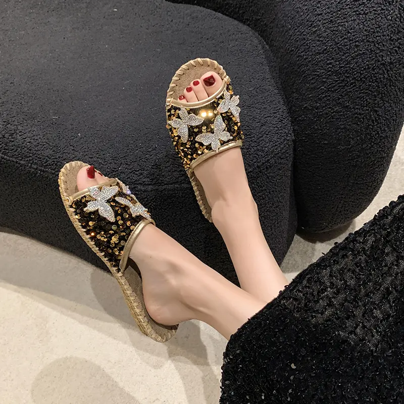 Aphixta Bling Butterfly Slippers Woman Shoes For Summer Outdoor Luxury Slides Gold Sequine Upper Sewing Slides chanclas de mujer