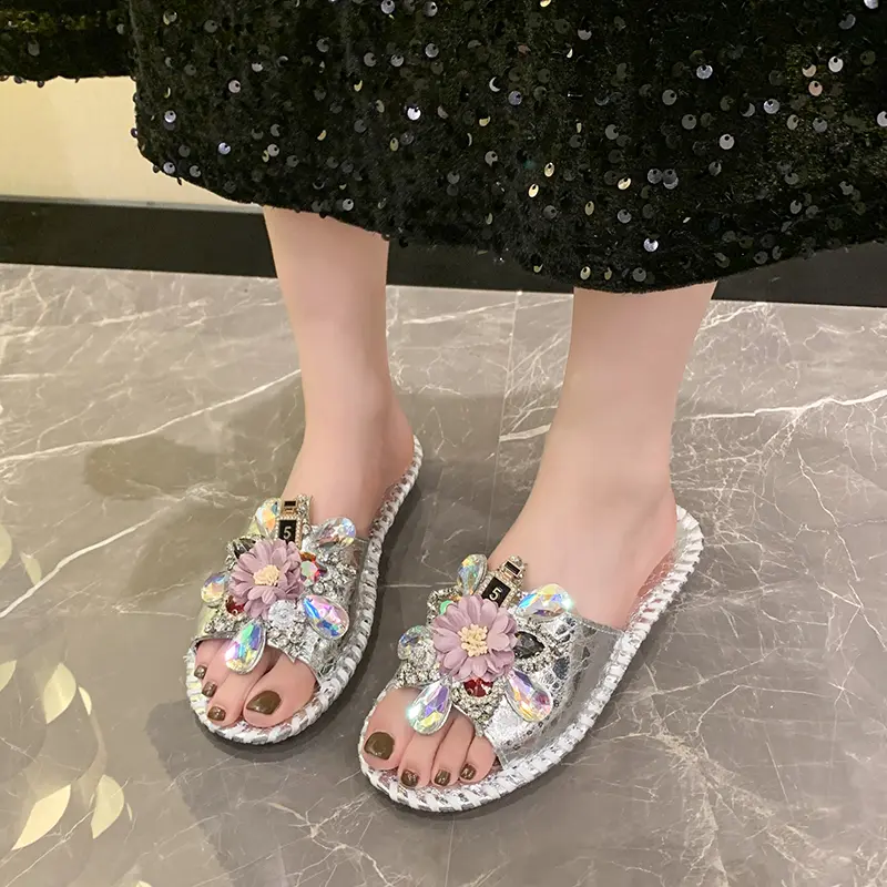 Aphixta Fashion Diamond Flower Decoration Flat With Slippers Casual Women Sweet Mulers Outside Summer Sandals Shoe Sewing Slide