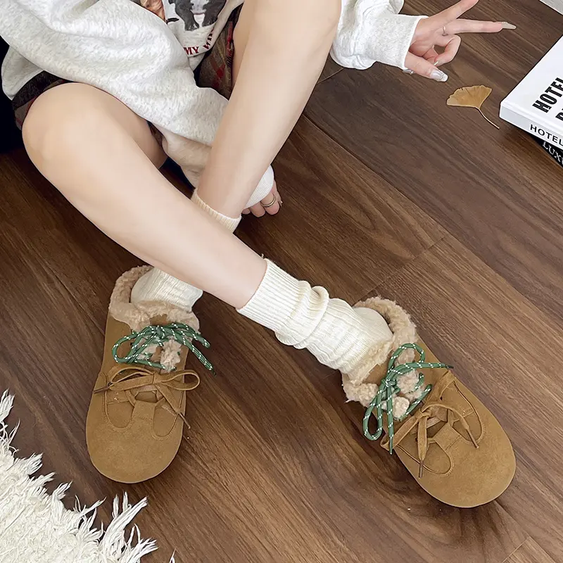Aphixta Cow Suede Brown Slipper Furry Warm Women Mule Outside Plush Shoes Colorful Lace Up Slides chaussures femme zapatos mujer