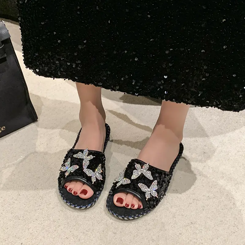Aphixta Bling Butterfly Slippers Woman Shoes For Summer Outdoor Luxury Slides Gold Sequine Upper Sewing Slides chanclas de mujer