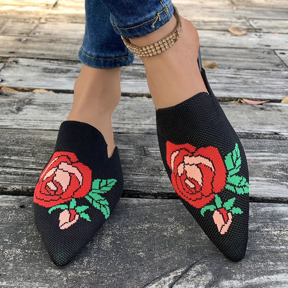 Aphixta Stretch Fabric Women Slippers Embrodier Flower Design Women Outside Shoes Pointed Toe Mules Summer Ladies Shoes Size 42