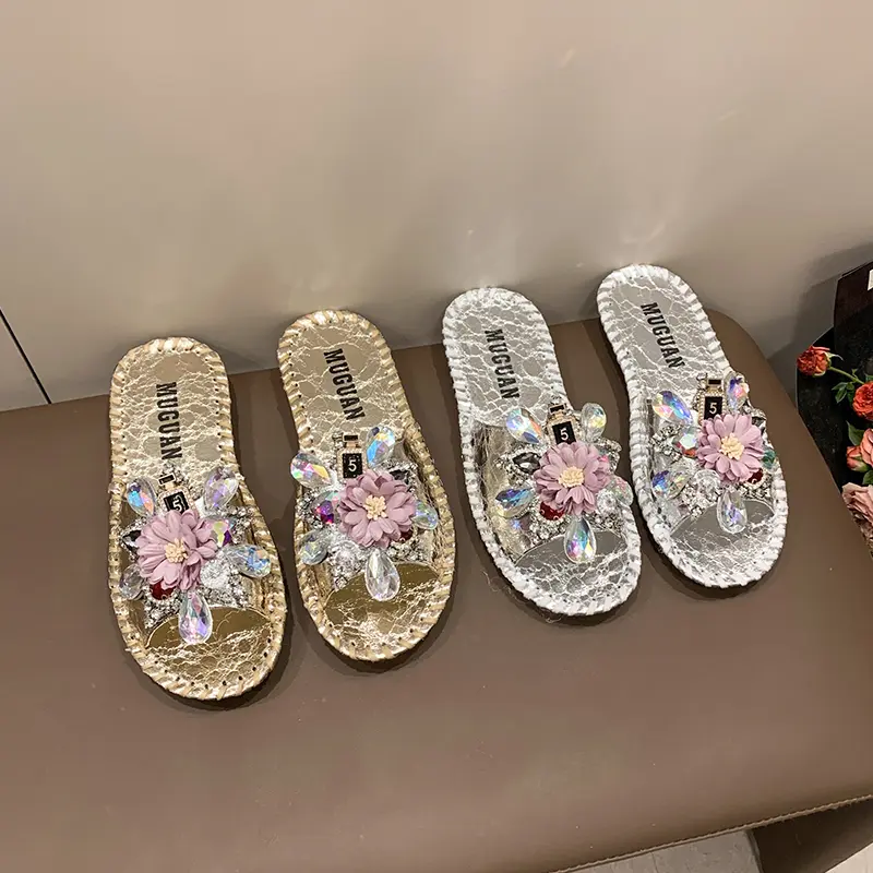 Aphixta Fashion Diamond Flower Decoration Flat With Slippers Casual Women Sweet Mulers Outside Summer Sandals Shoe Sewing Slide