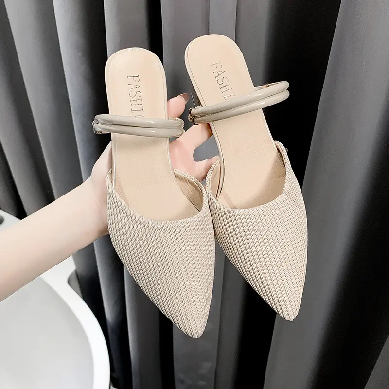 Aphixta 6cm Square Heels Slides Pointed Toe Breathable Fabric Sandals and Slippers Universal Women Outside Mujer Elegant Shoes