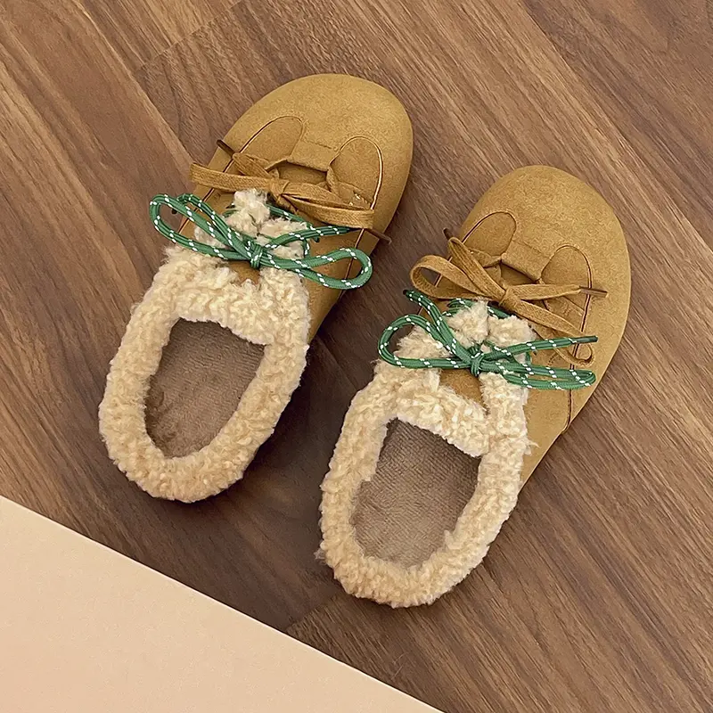 Aphixta Cow Suede Brown Slipper Furry Warm Women Mule Outside Plush Shoes Colorful Lace Up Slides chaussures femme zapatos mujer