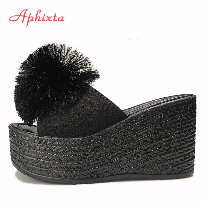 Aphixta  Hairball 3.54 inch/9cm Wedge Heels Mule Black Slides Beach Platform Women Slippers Female Sandals Clog Shoes Women