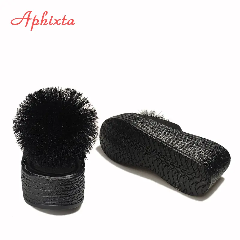 Aphixta  Hairball 3.54 inch/9cm Wedge Heels Mule Black Slides Beach Platform Women Slippers Female Sandals Clog Shoes Women