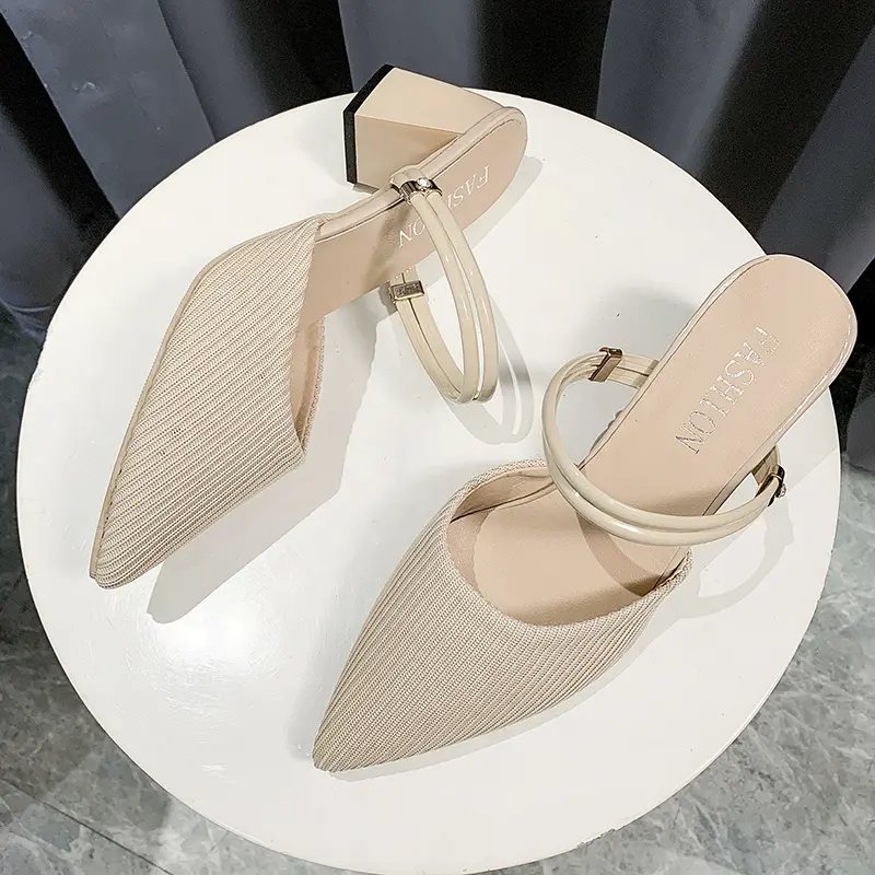 Aphixta 6cm Square Heels Slides Pointed Toe Breathable Fabric Sandals and Slippers Universal Women Outside Mujer Elegant Shoes