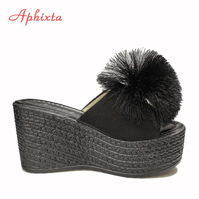 Aphixta  Hairball 3.54 inch/9cm Wedge Heels Mule Black Slides Beach Platform Women Slippers Female Sandals Clog Shoes Women