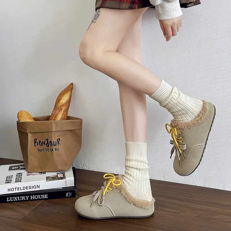 Aphixta Cow Suede Brown Slipper Furry Warm Women Mule Outside Plush Shoes Colorful Lace Up Slides chaussures femme zapatos mujer