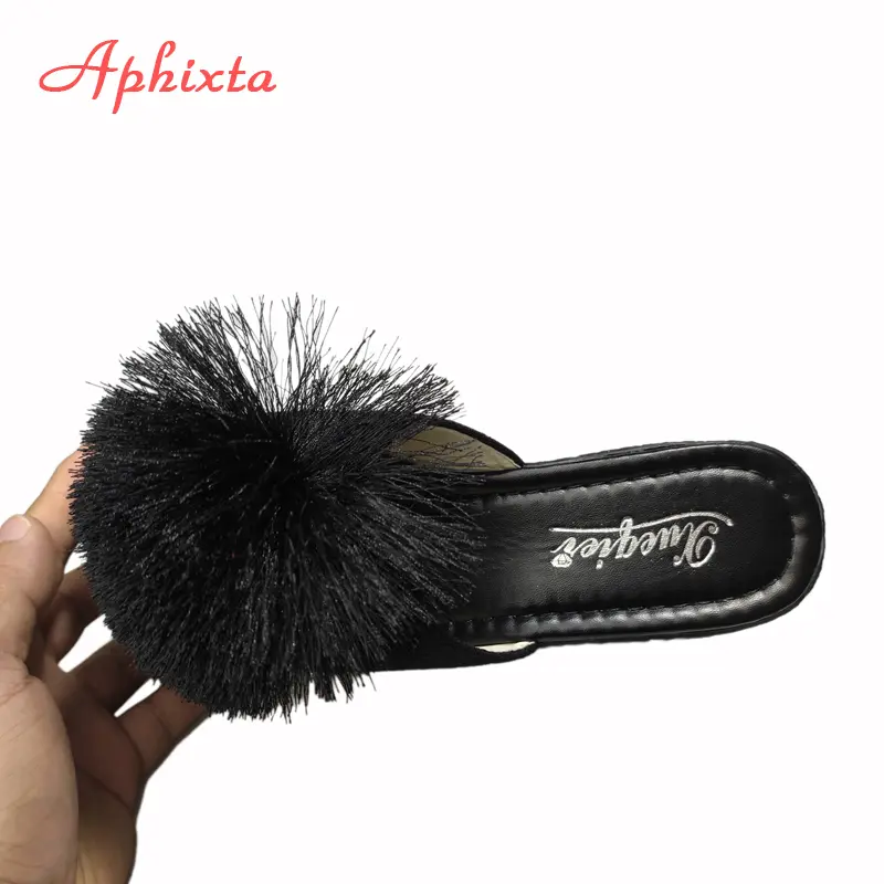 Aphixta  Hairball 3.54 inch/9cm Wedge Heels Mule Black Slides Beach Platform Women Slippers Female Sandals Clog Shoes Women