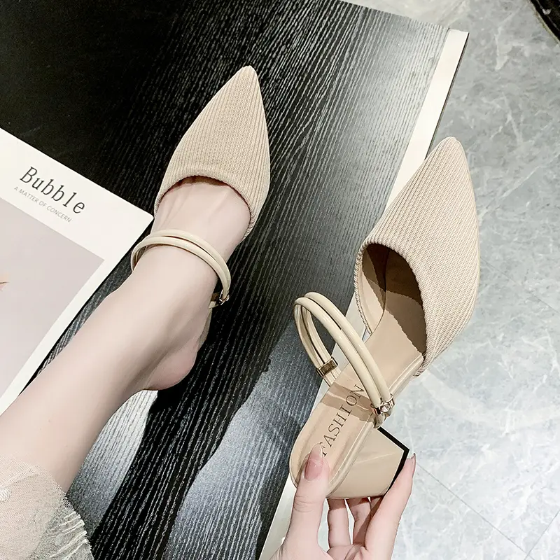 Aphixta 6cm Square Heels Slides Pointed Toe Breathable Fabric Sandals and Slippers Universal Women Outside Mujer Elegant Shoes