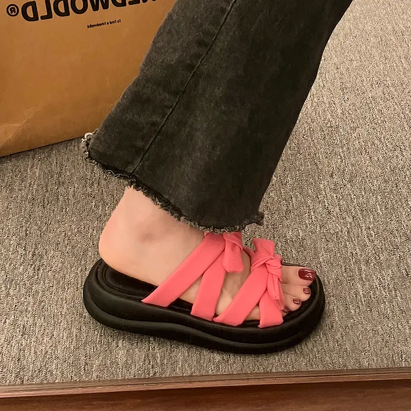 Aphixta Sweet Butterfly Knot Sandals Chunky Heel Platform Slippers Woman Slides Women Shoes Rose Red Slippers Slides Shoes