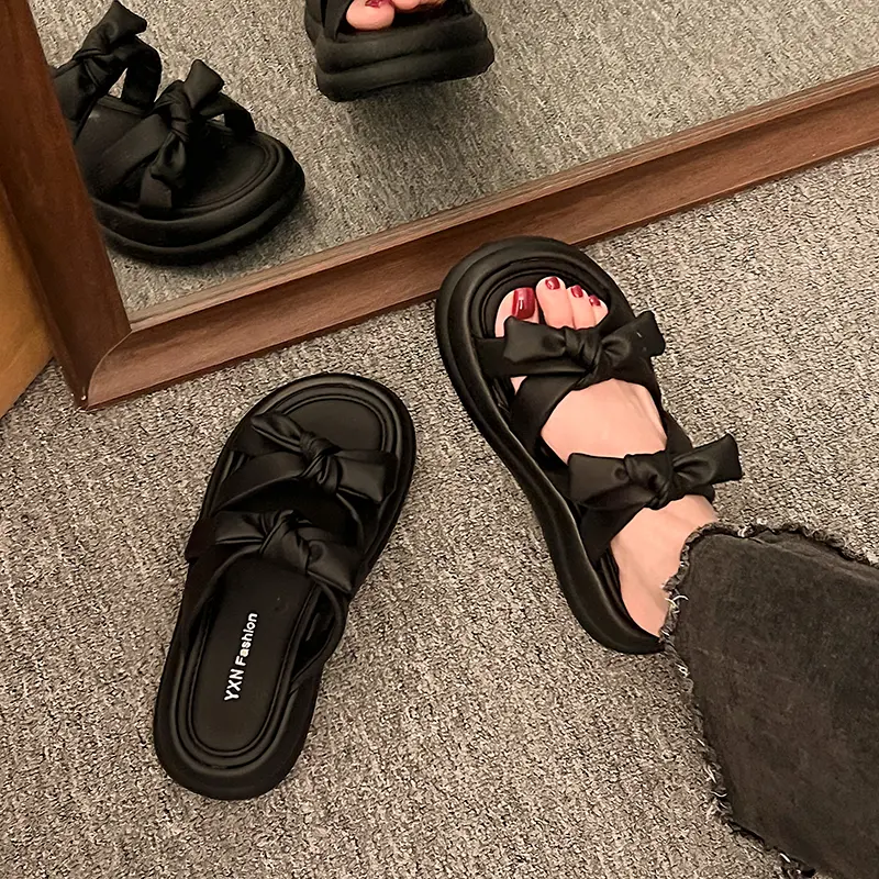 Aphixta Sweet Butterfly Knot Sandals Chunky Heel Platform Slippers Woman Slides Women Shoes Rose Red Slippers Slides Shoes