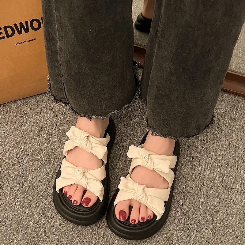 Aphixta Sweet Butterfly Knot Sandals Chunky Heel Platform Slippers Woman Slides Women Shoes Rose Red Slippers Slides Shoes