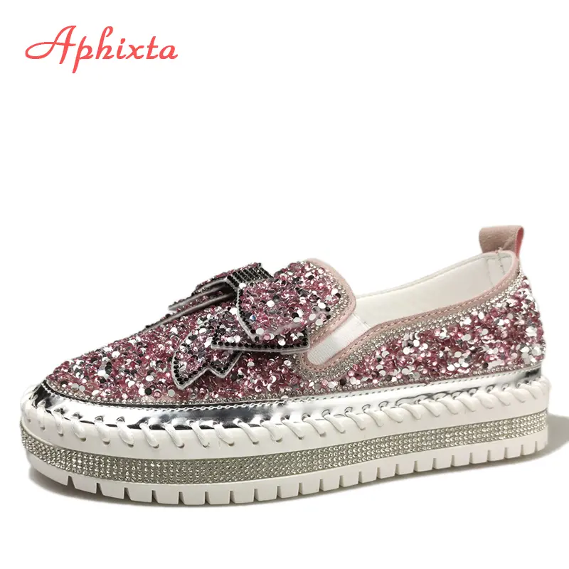 Aphixta Fashion Big Size 42 43 Flats Women Leather Loafers Flat Platform Wine Red Shoes Crystal Sequined Bow Casual Shoes
