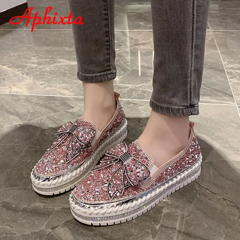Aphixta Fashion Big Size 42 43 Flats Women Leather Loafers Flat Platform Wine Red Shoes Crystal Sequined Bow Casual Shoes