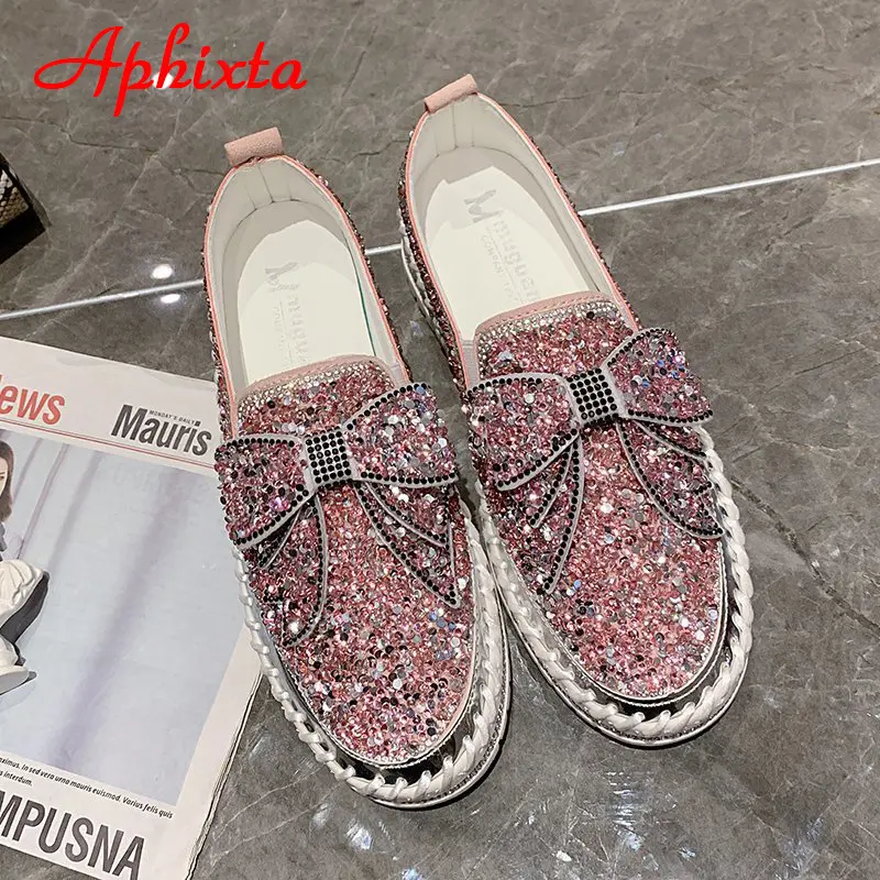 Aphixta Fashion Big Size 42 43 Flats Women Leather Loafers Flat Platform Wine Red Shoes Crystal Sequined Bow Casual Shoes