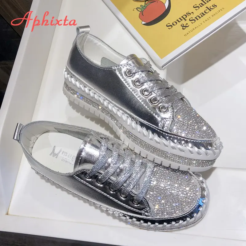 Aphixta Loafers Shoes Women Luxury Silver Crystal Lace-up Platform Shoes Woman Sequined Cloth Bling Crysta Black Flat Heels Shoe