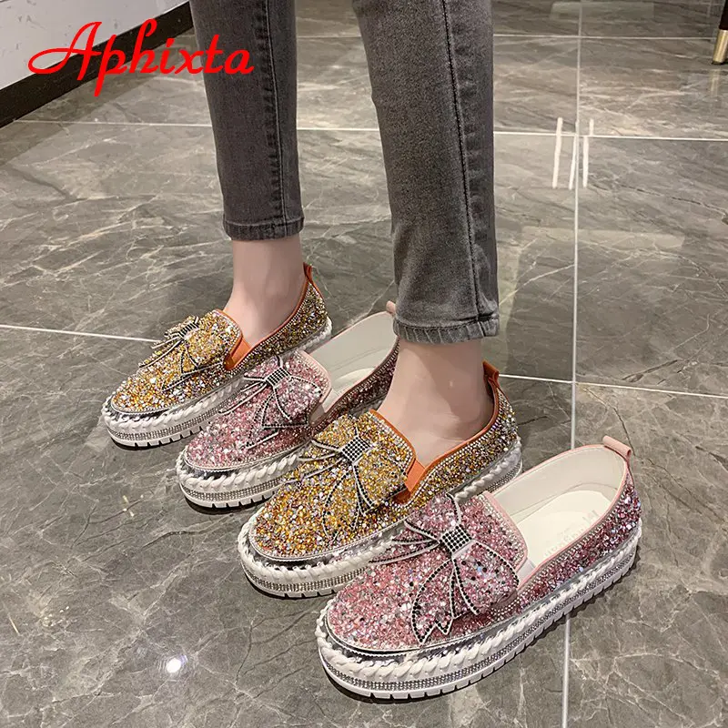 Aphixta Fashion Big Size 42 43 Flats Women Leather Loafers Flat Platform Wine Red Shoes Crystal Sequined Bow Casual Shoes