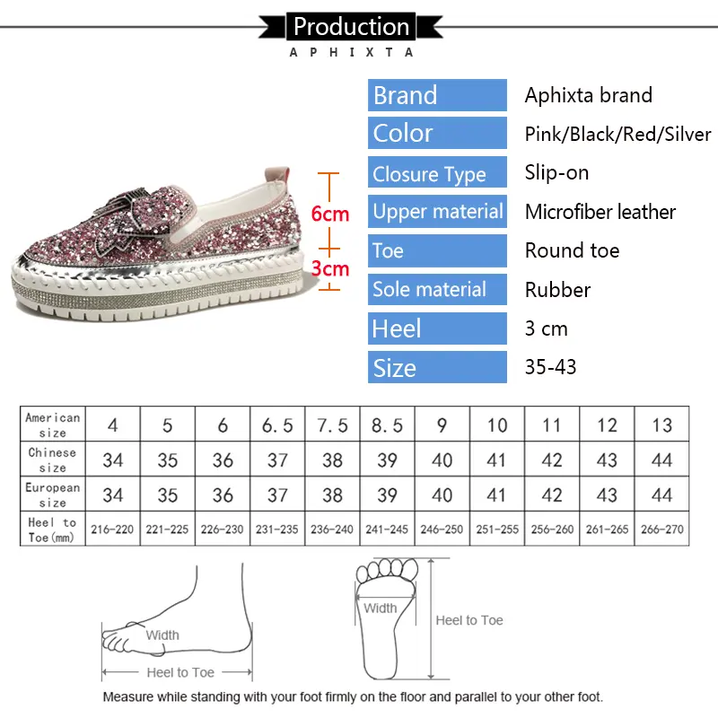 Aphixta Fashion Big Size 42 43 Flats Women Leather Loafers Flat Platform Wine Red Shoes Crystal Sequined Bow Casual Shoes