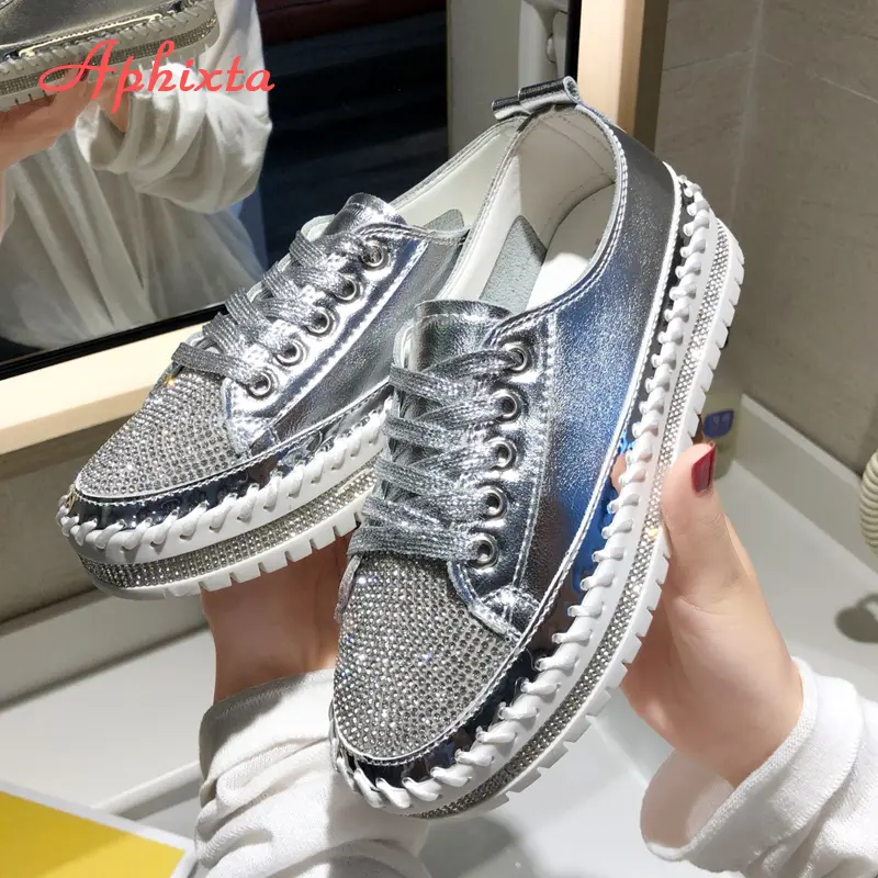 Aphixta Loafers Shoes Women Luxury Silver Crystal Lace-up Platform Shoes Woman Sequined Cloth Bling Crysta Black Flat Heels Shoe