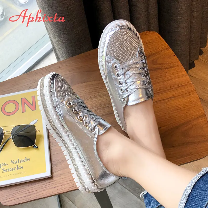 Aphixta Loafers Shoes Women Luxury Silver Crystal Lace-up Platform Shoes Woman Sequined Cloth Bling Crysta Black Flat Heels Shoe