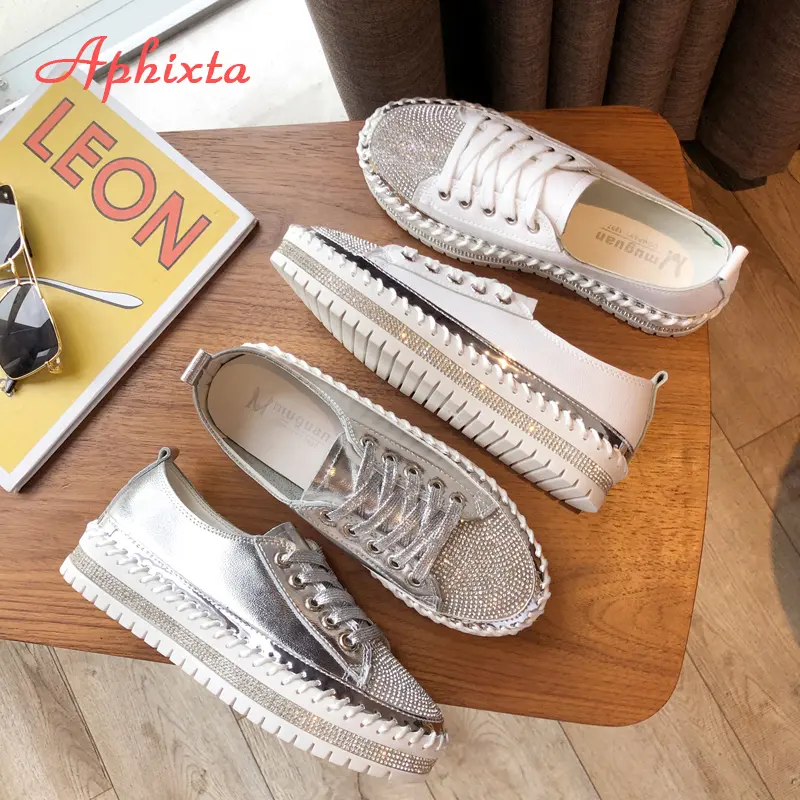 Aphixta Loafers Shoes Women Luxury Silver Crystal Lace-up Platform Shoes Woman Sequined Cloth Bling Crysta Black Flat Heels Shoe