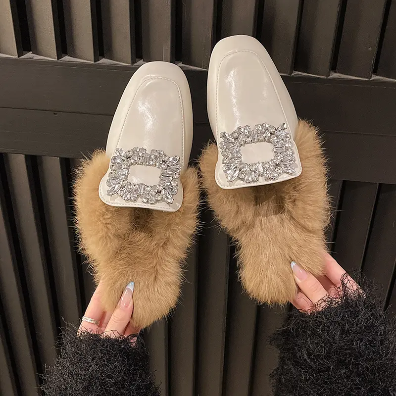 Aphixta Crystal Buckle Dec Warm Winter Real Rabbit Fur Plush Women Slippers Furry Mules Shoes Square Toe Square Heel Hair Slides