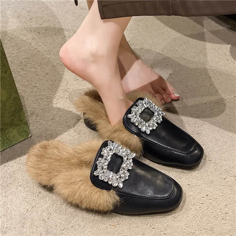Aphixta Crystal Buckle Dec Warm Winter Real Rabbit Fur Plush Women Slippers Furry Mules Shoes Square Toe Square Heel Hair Slides