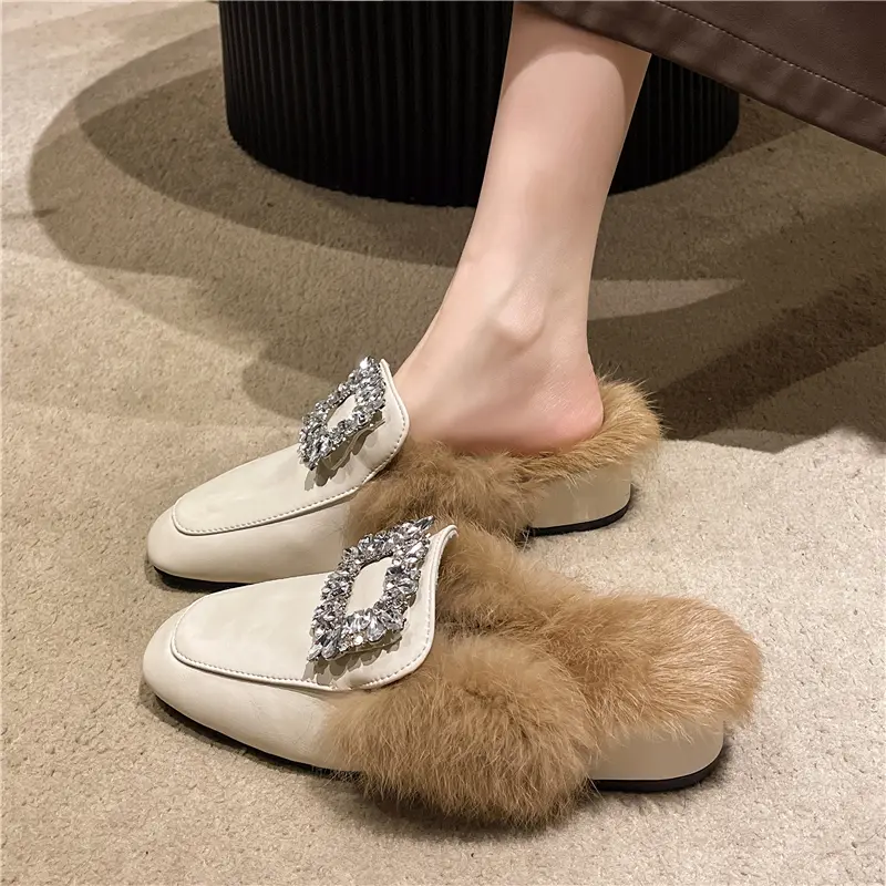 Aphixta Crystal Buckle Dec Warm Winter Real Rabbit Fur Plush Women Slippers Furry Mules Shoes Square Toe Square Heel Hair Slides