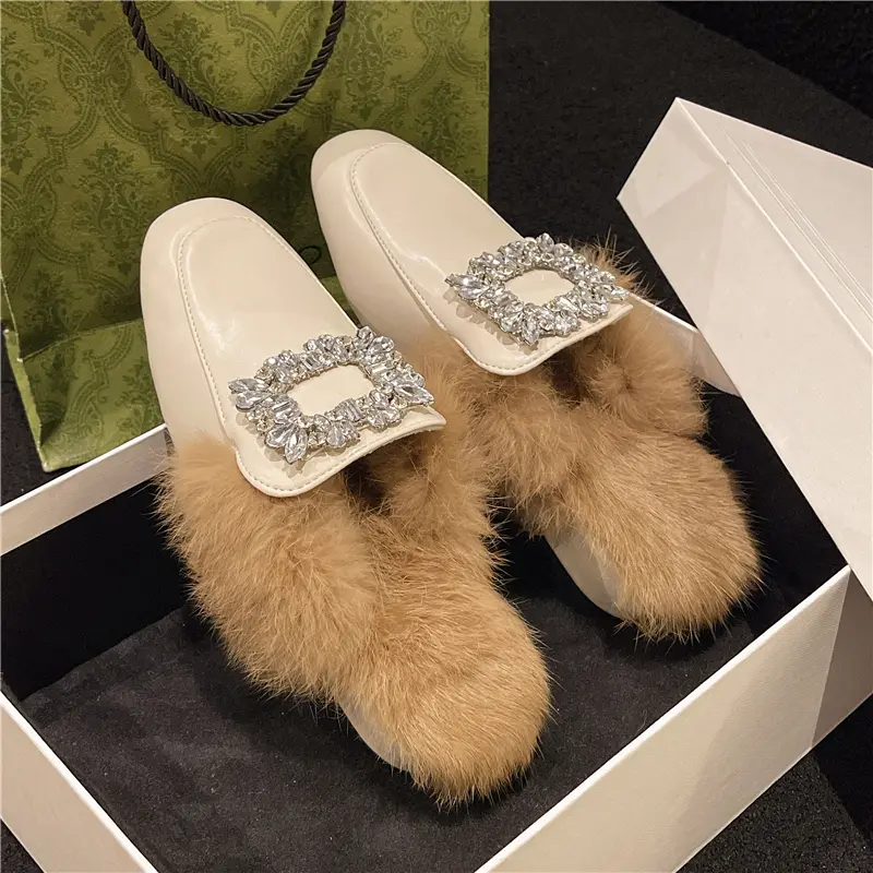 Aphixta Crystal Buckle Dec Warm Winter Real Rabbit Fur Plush Women Slippers Furry Mules Shoes Square Toe Square Heel Hair Slides