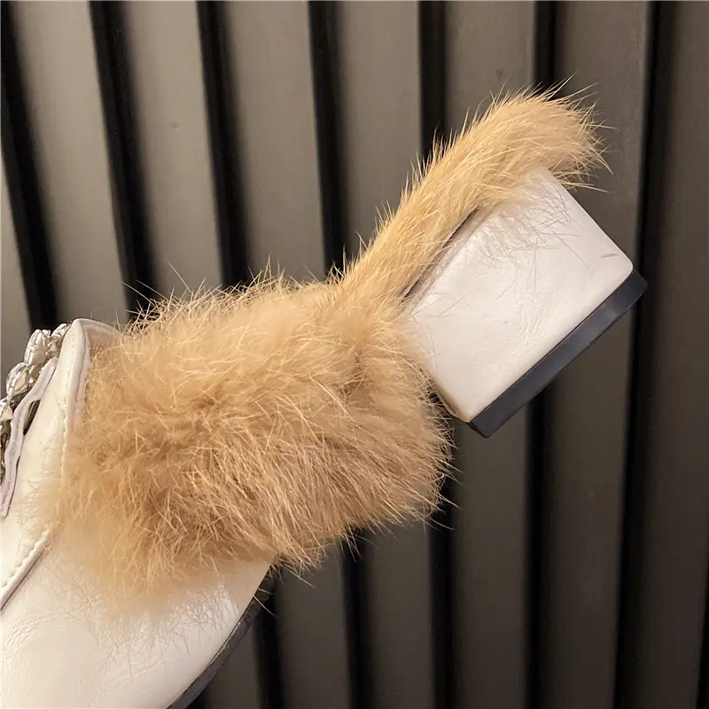 Aphixta Crystal Buckle Dec Warm Winter Real Rabbit Fur Plush Women Slippers Furry Mules Shoes Square Toe Square Heel Hair Slides