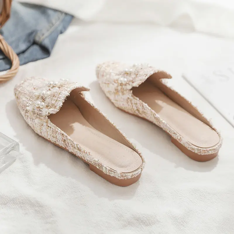 Aphixta 2025 New Summer Pearl Women Slides Ladies Shoes Flat Heel Cool Fashion Bow Fabrics Footwear Slippers Plus Big Size 43