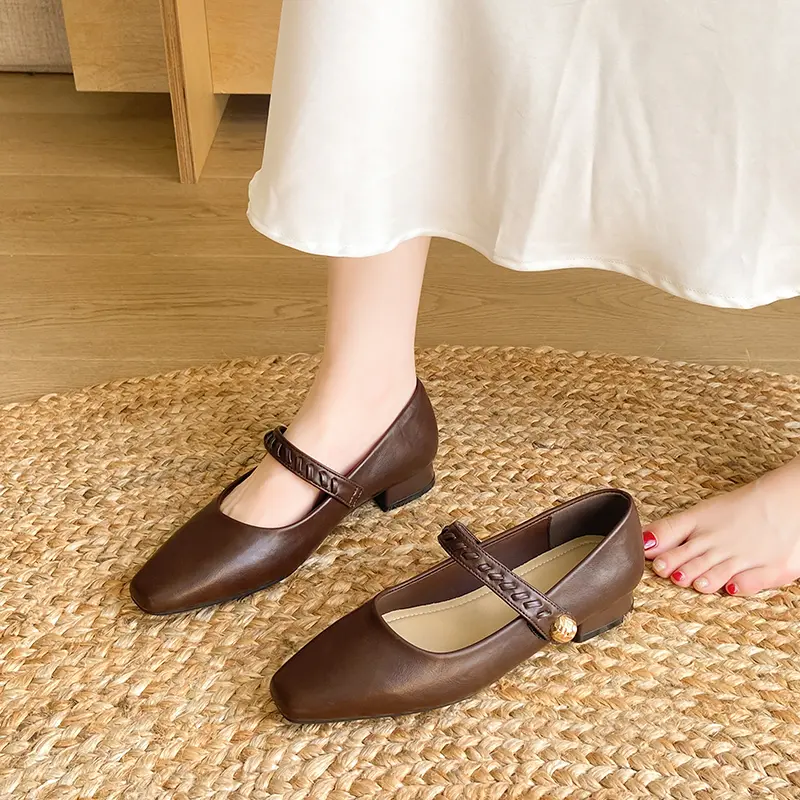 Aphixta 2.5cm Low Heel Mary Janes Hook Loop Square Toe Shallow Woman Heels Shoes Metal Buckle Shoes for Woman Zapatos De Mujer